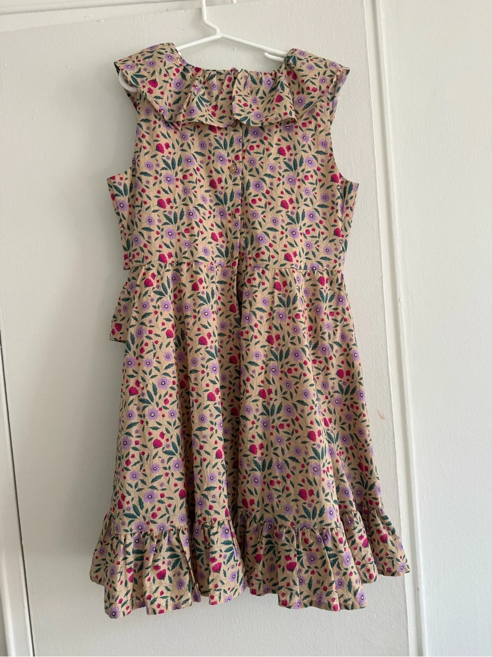 Janie & Jack Girls Floral Ruffle Dress in Beige with Pink & Purple Accents